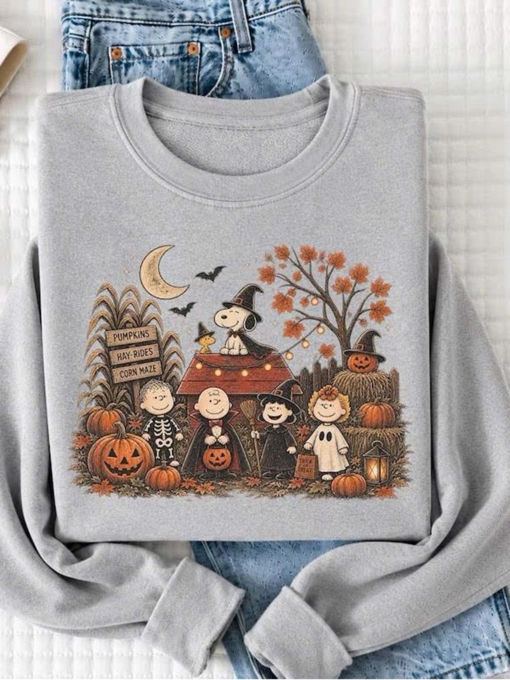 Women's Gray Peanuts Halloween Graphic Crewneck Sweatshirt
